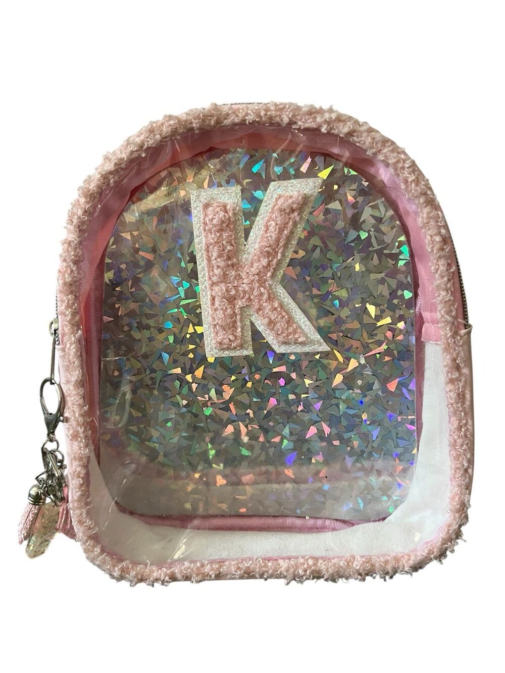 BNWOT Girls Pink & Silver K Name Small Backpack & K Name Keychain 10 x 8.5